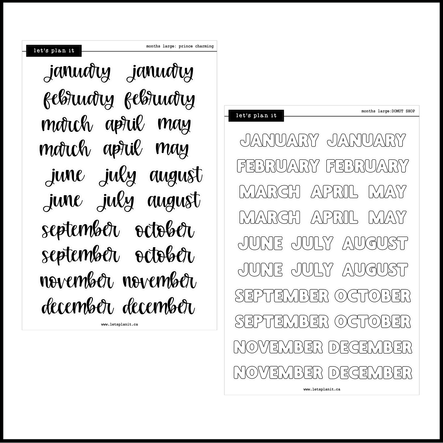 Months Scripts | 12 font choices | 2 paper options