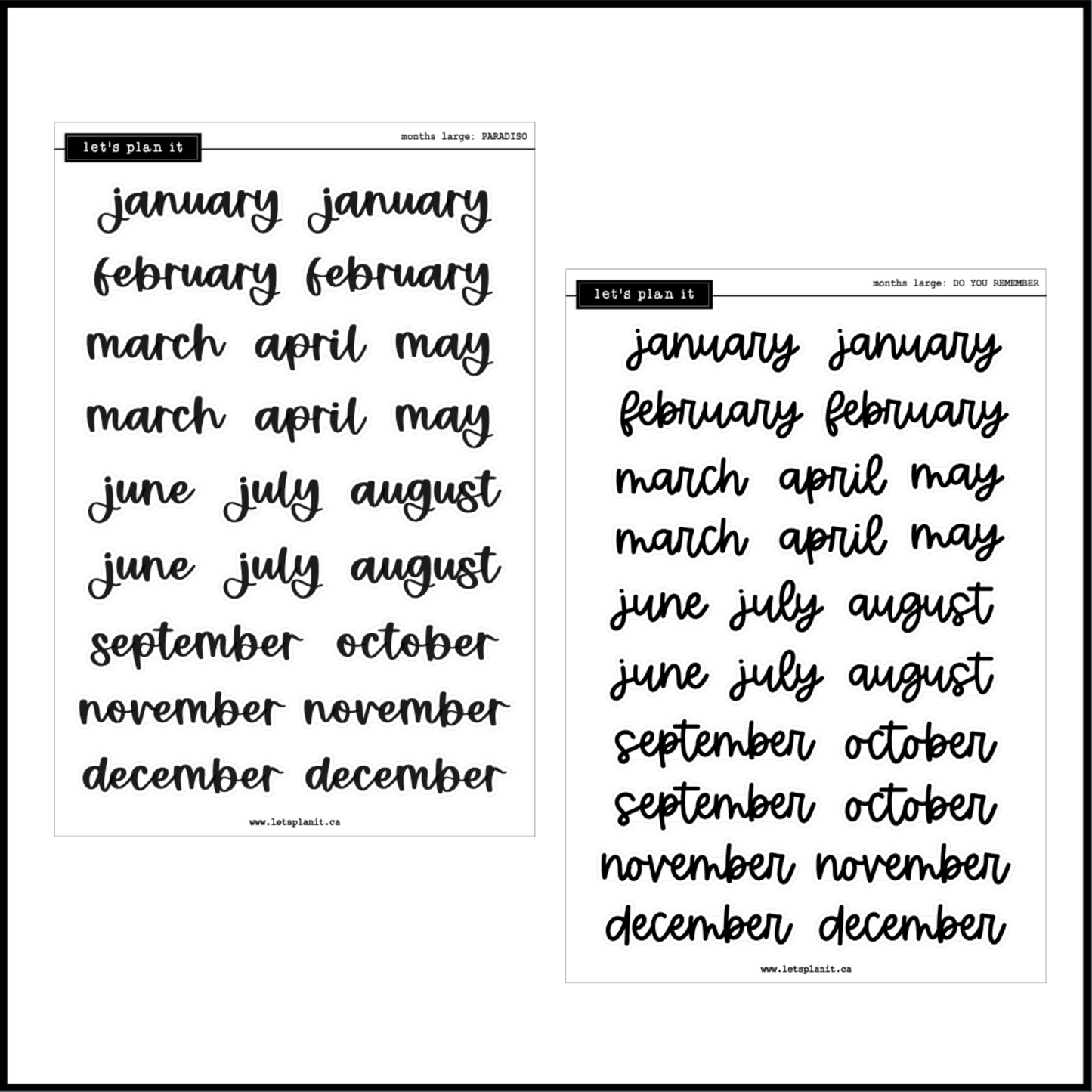 Months Scripts | 12 font choices | 2 paper options