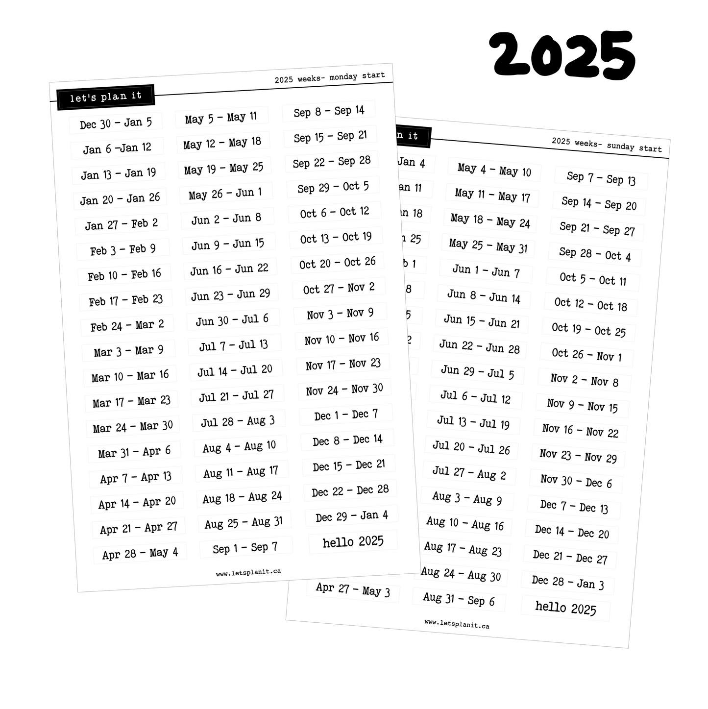 2025 & 2026 week date stickers