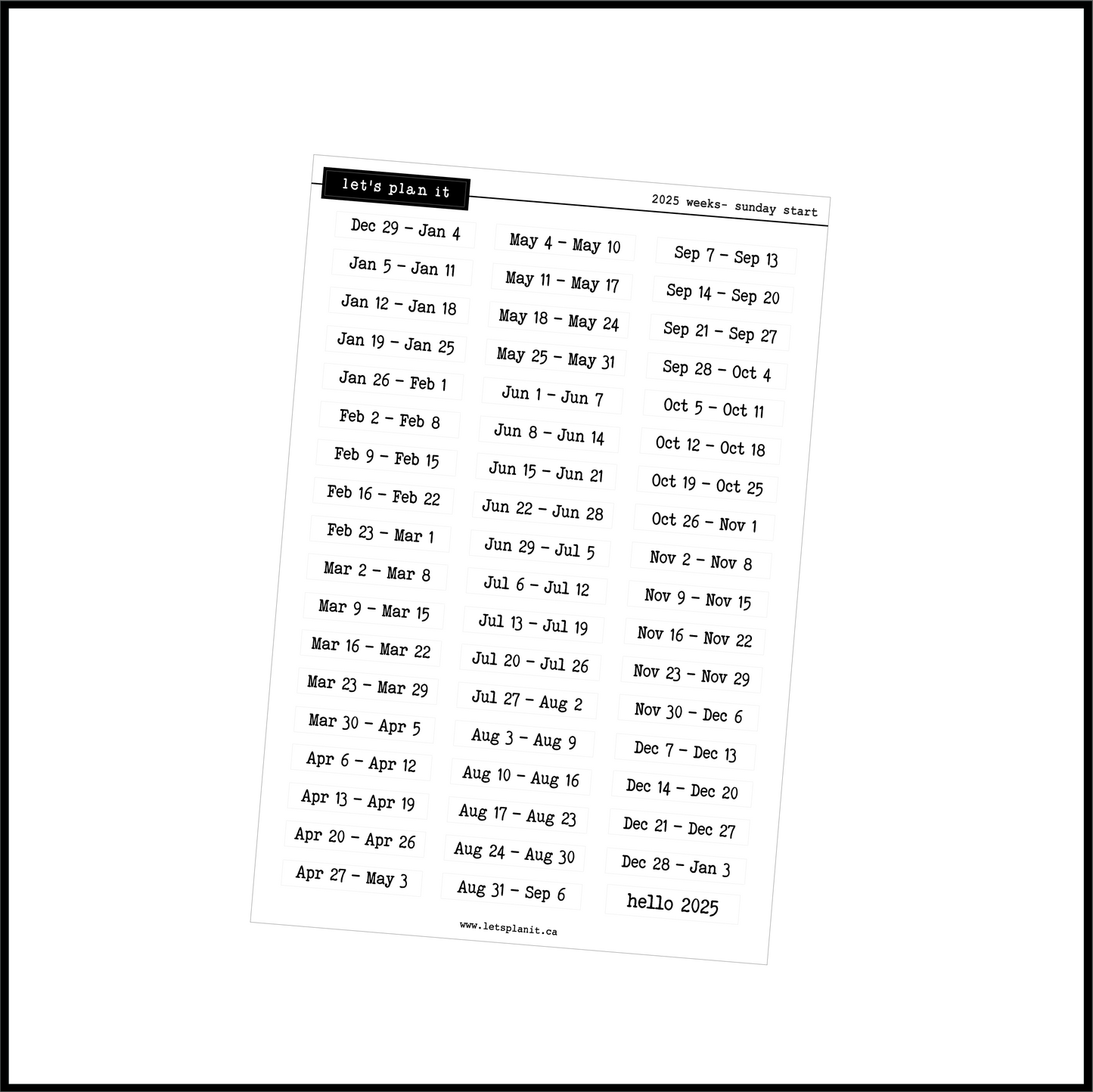 2025 & 2026 week date stickers