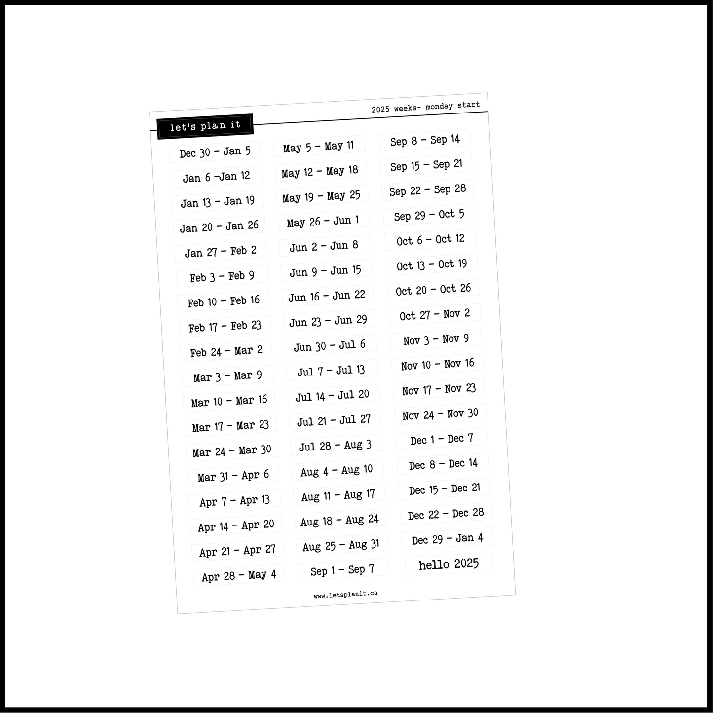 2025 & 2026 week date stickers