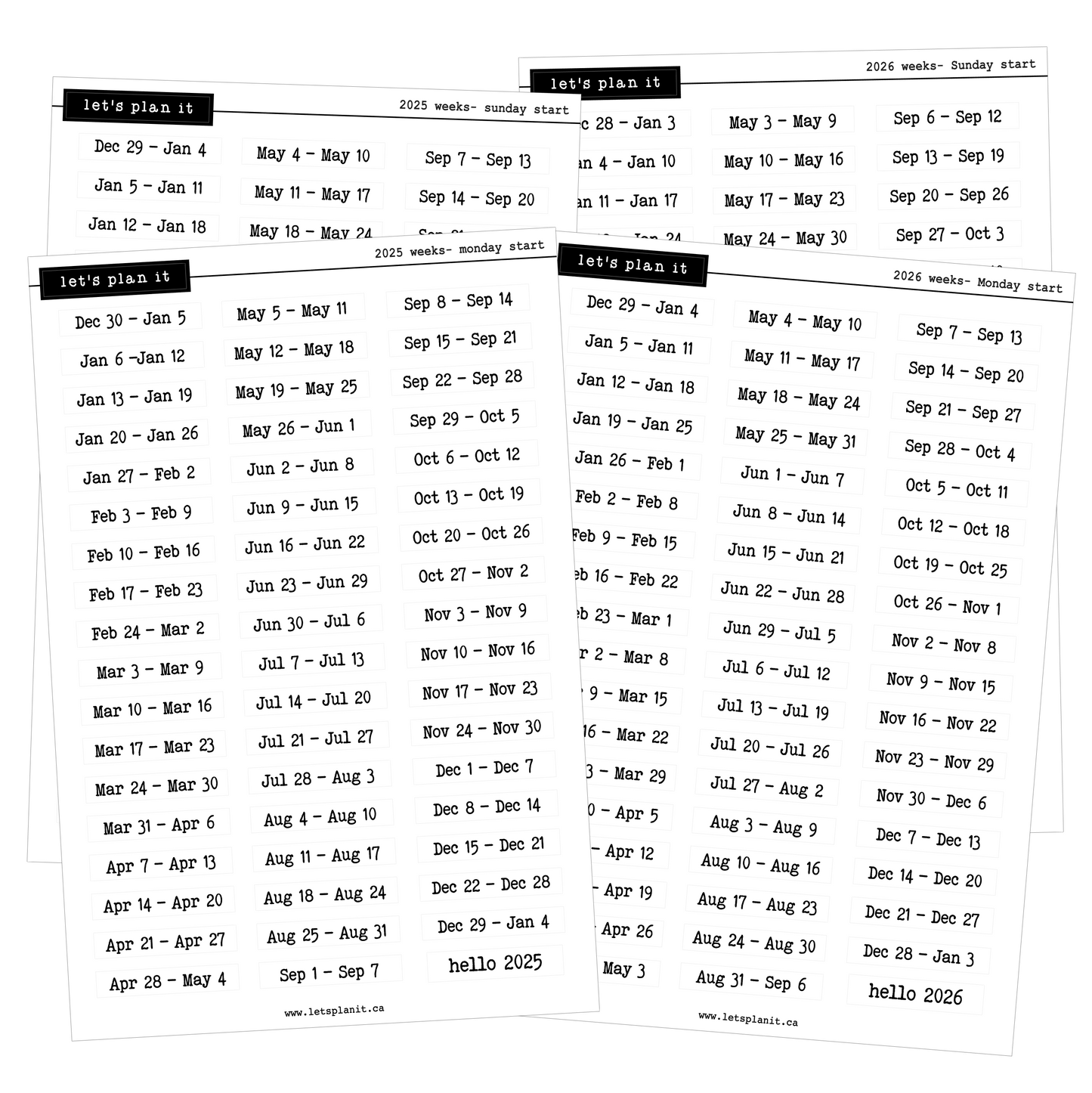 2025 & 2026 week date stickers