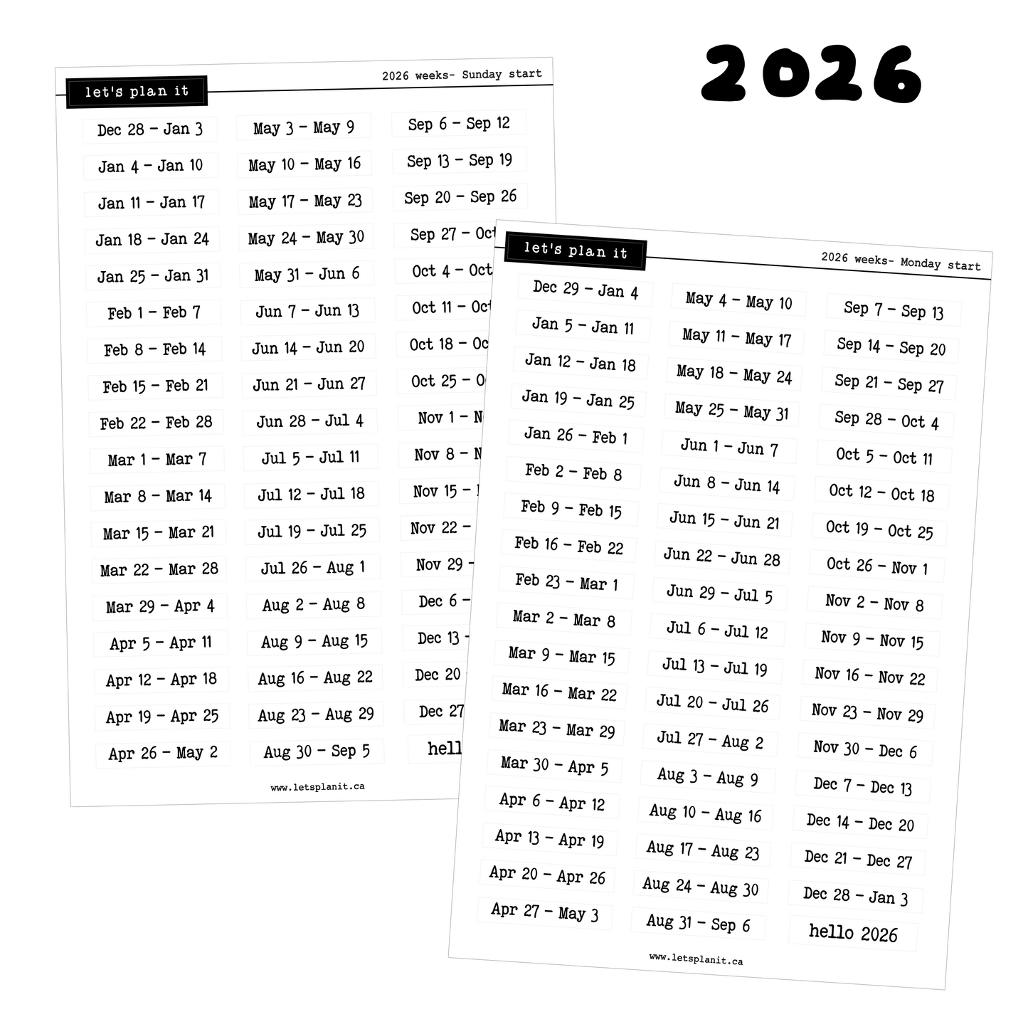 2025 & 2026 week date stickers