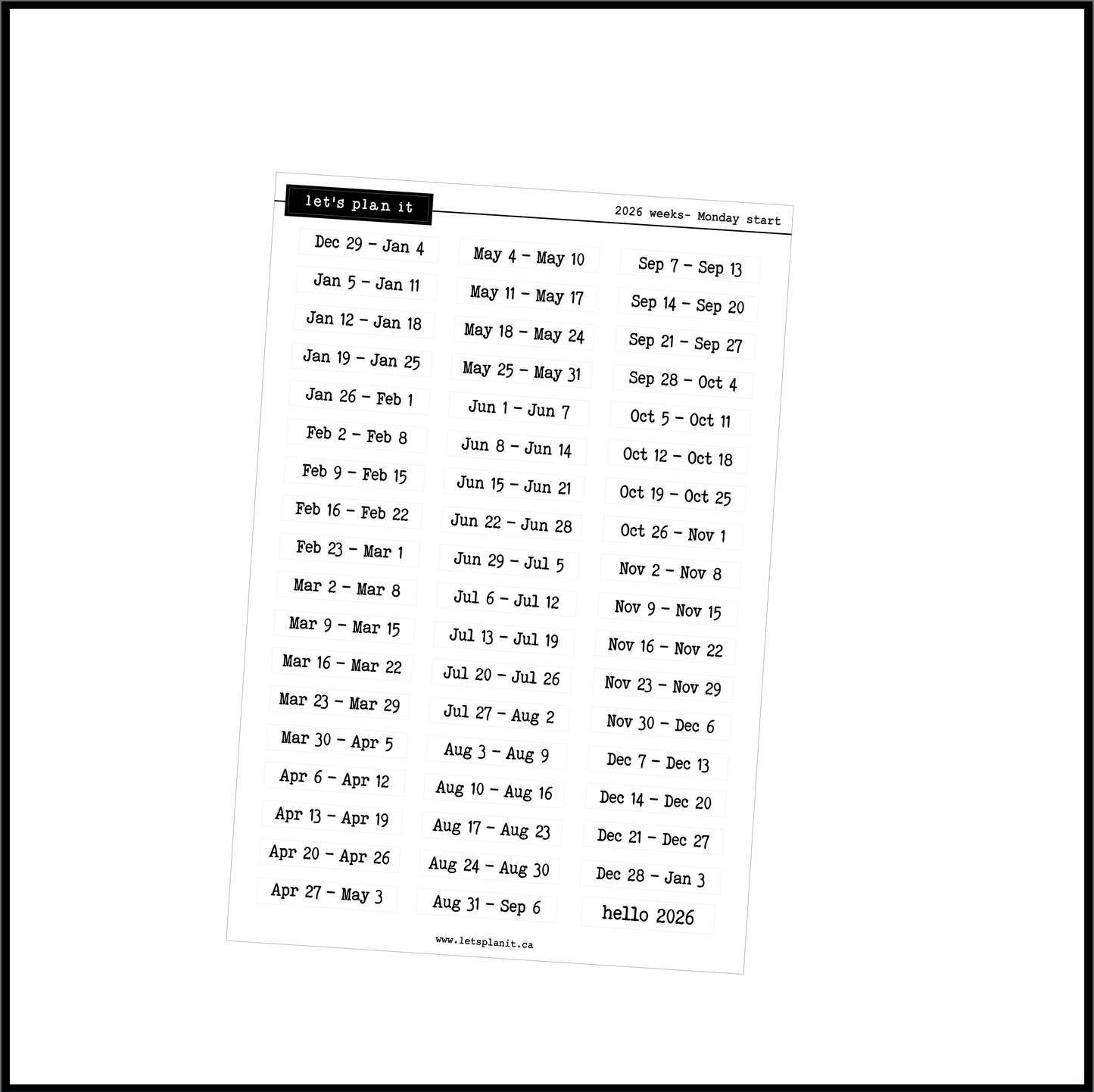 2025 & 2026 week date stickers