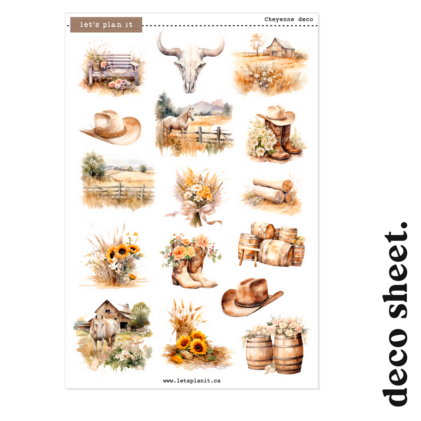 A sheet of decorative planner stickers with various designs including flowers, animals, and rustic elements.