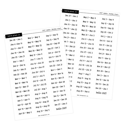 2027 week date stickers (Monday or Sunday start)