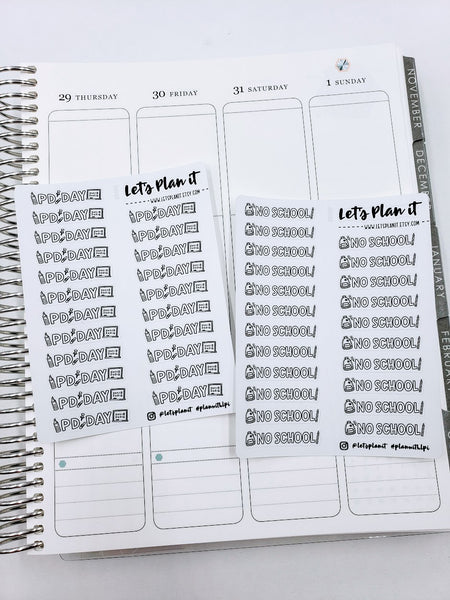 School Related- Single sheets | script & doodle Monochrome | Planner stickers