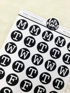 Day of the Week circle stickers | monochrome variety | Planner sticker