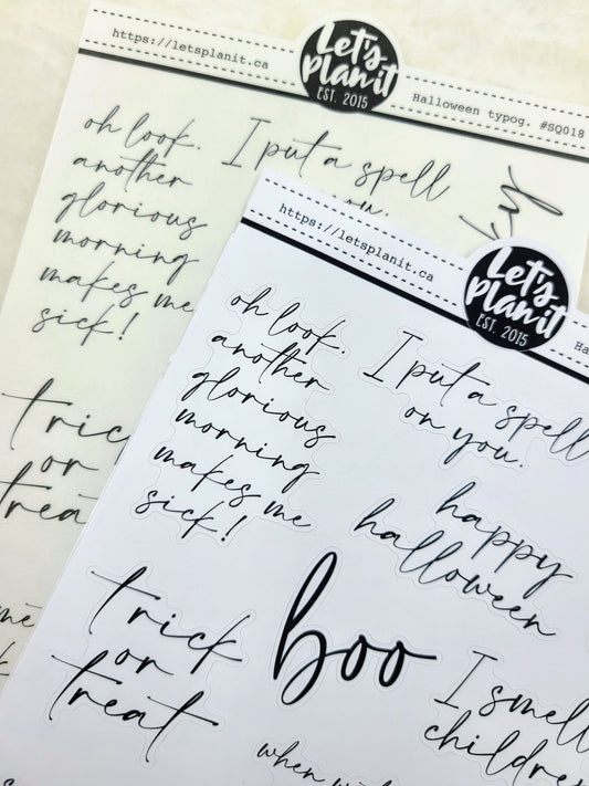 Halloween typography | 2 paper types | monochrome script stickers